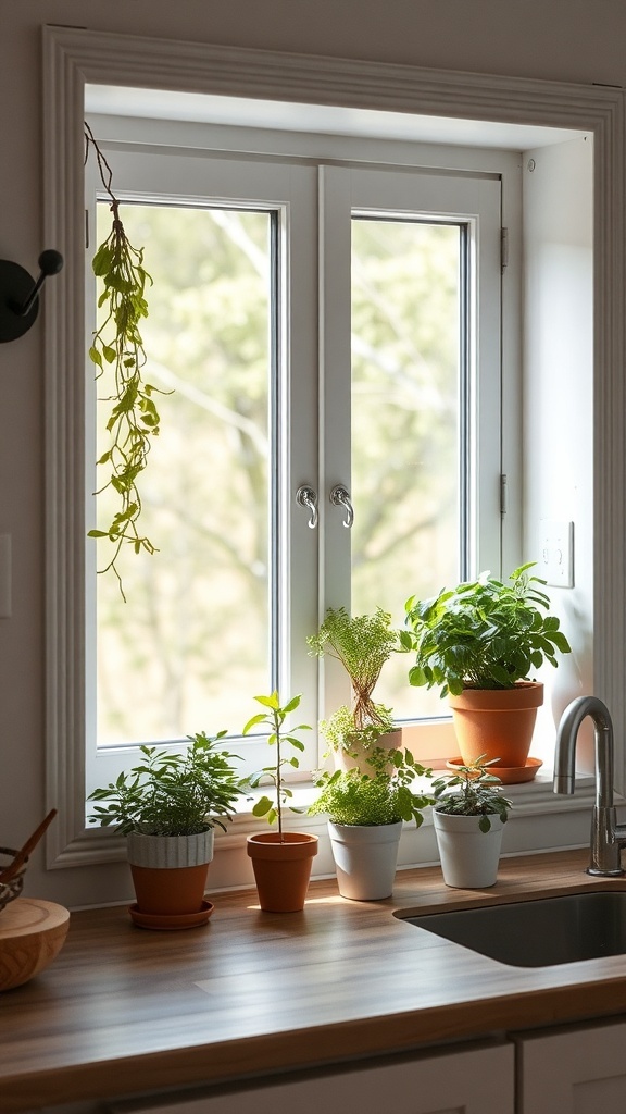A bright kitchen windowsill with various potted herbs, including basil and parsley, basking in natural light.