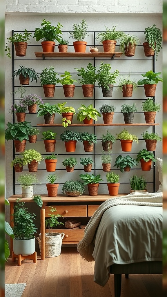 A wall-mounted herb garden with various potted plants arranged on shelves.