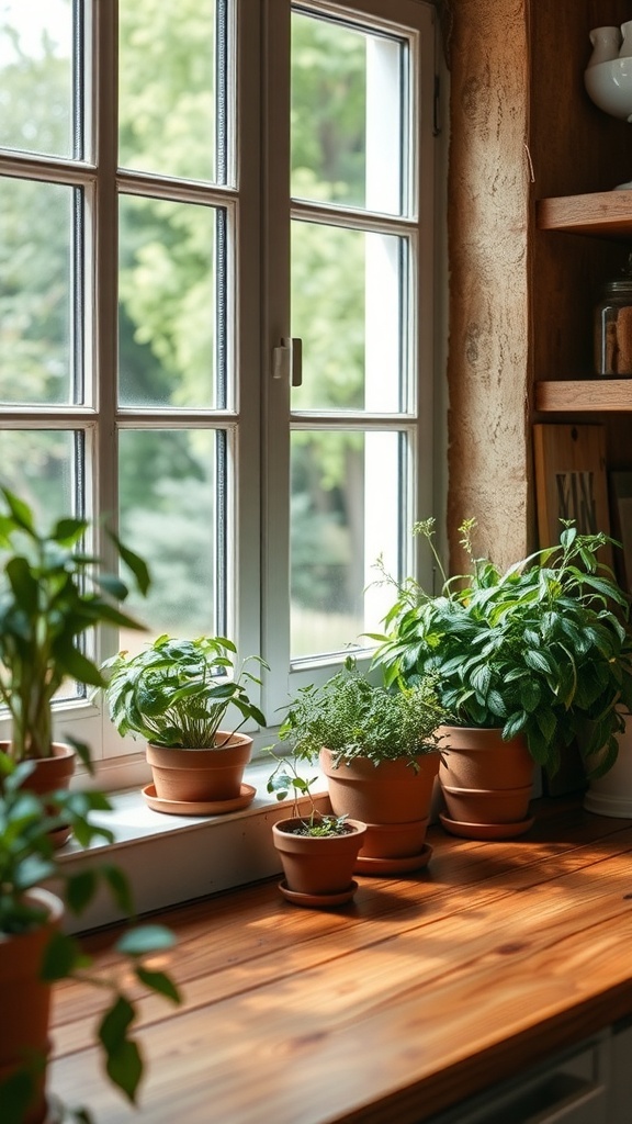 A cozy kitchen windowsill with various herbs in terracotta pots, bathed in natural light.