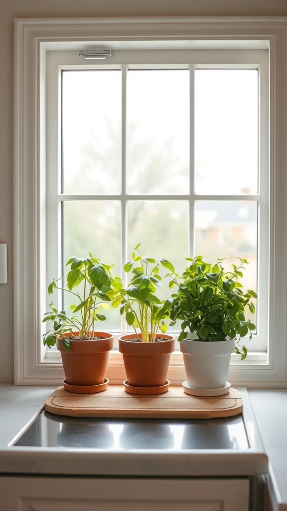 Three herb plants in terracotta and white pots on a kitchen windowsill