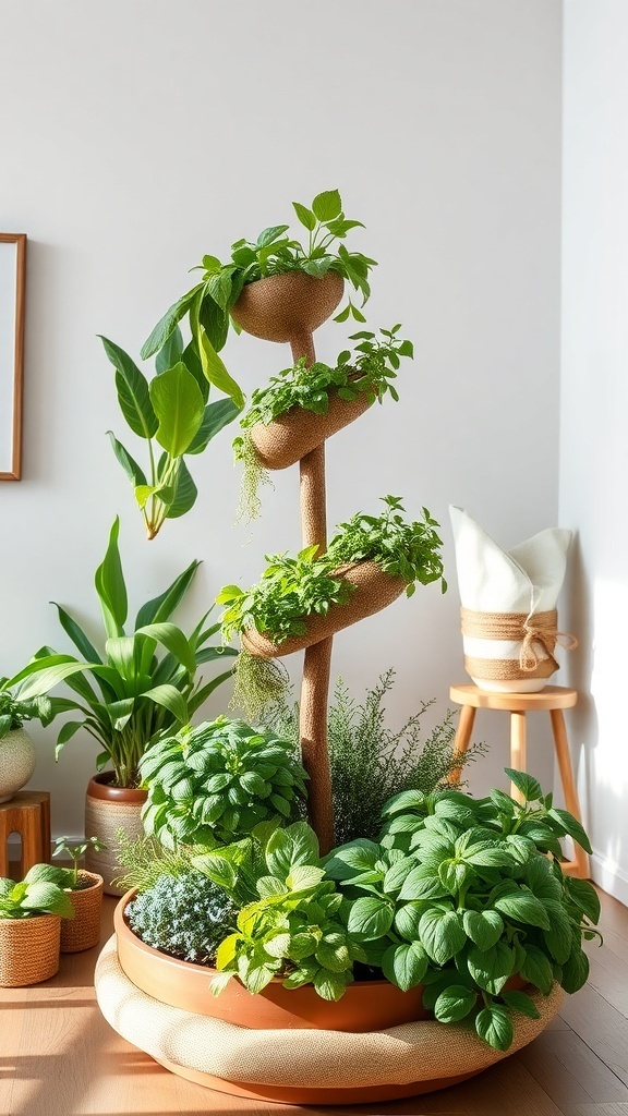 A tall herb spiral garden with various herbs growing at different levels, surrounded by potted plants.