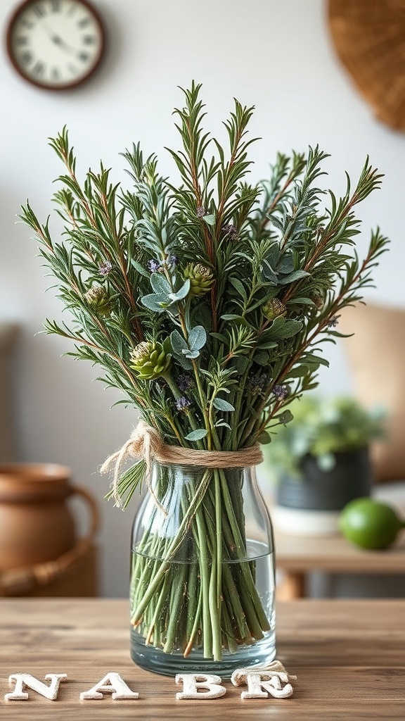 A vibrant bouquet of herbs in a glass vase, showcasing rosemary, eucalyptus, and lavender, with a cozy home setting in the background.