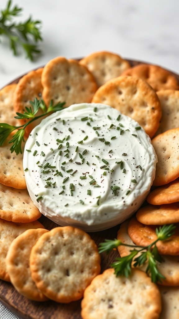 A platter of herbed goat cheese surrounded by crackers, garnished with fresh herbs.