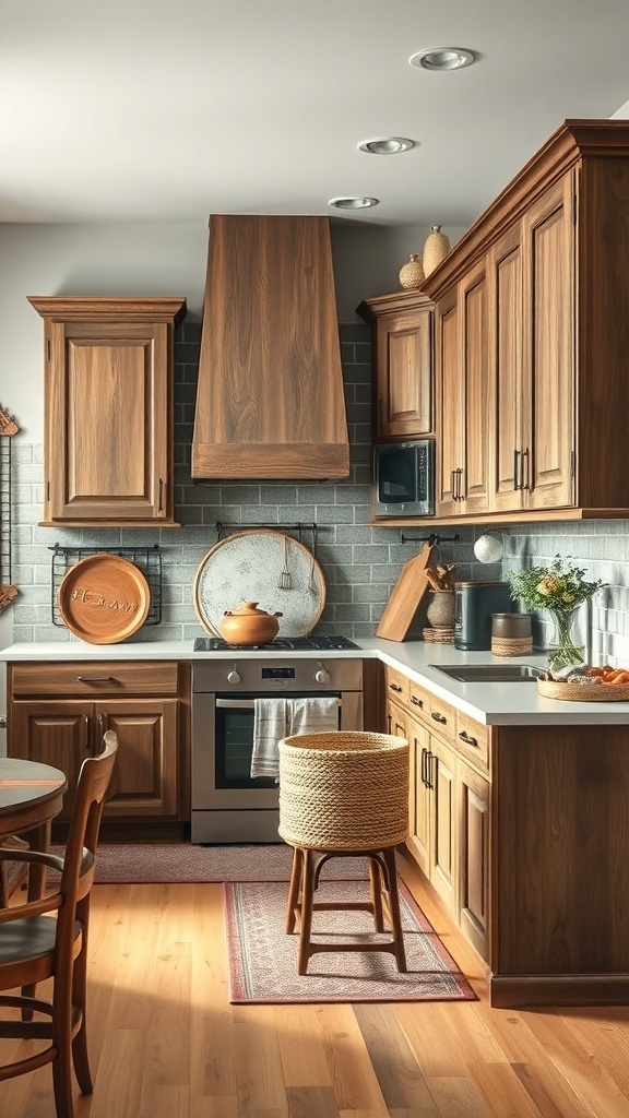 A rustic kitchen featuring wooden cabinets, a woven stool, and a cozy layout.