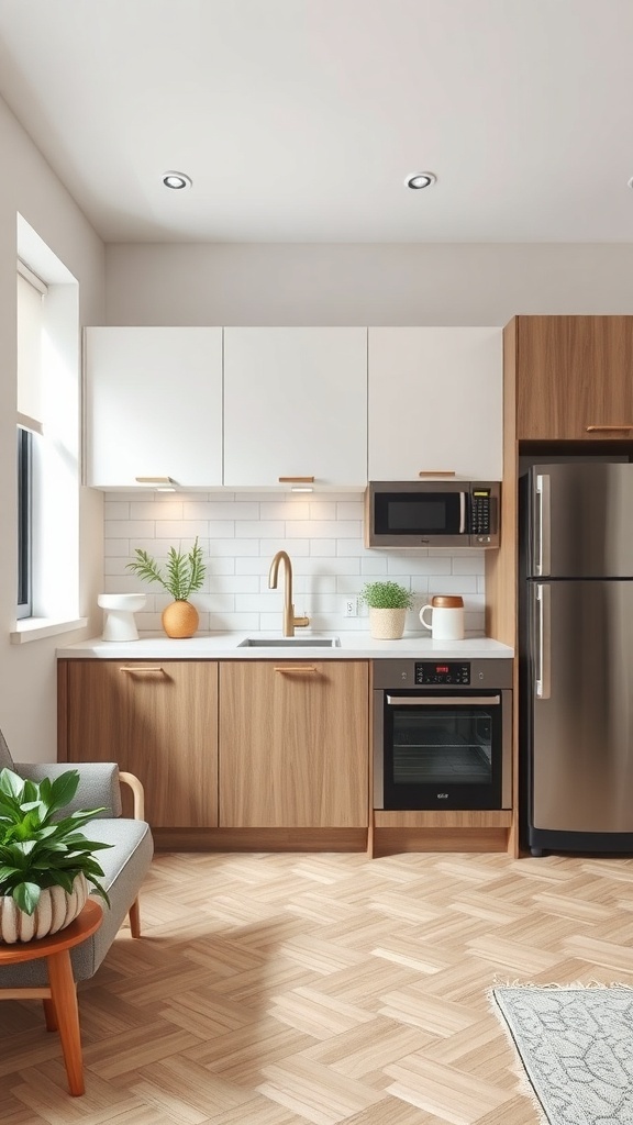 A compact kitchen featuring hidden appliances, sleek cabinetry, and a clean design.