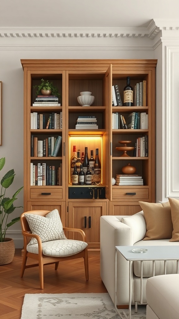 A stylish wooden cabinet with books and drinks, featuring an illuminated section for bottles, in a cozy living room.