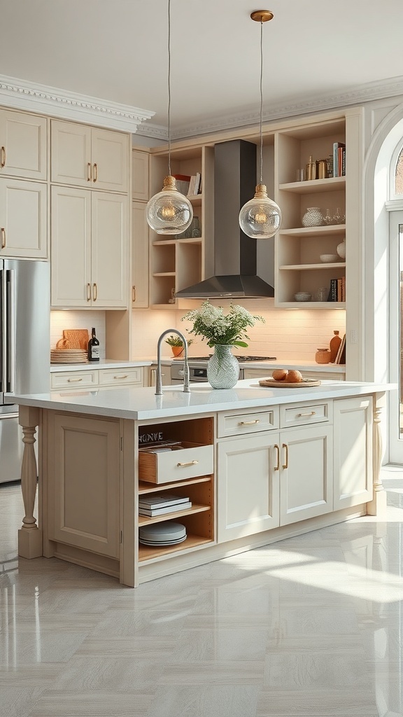 A modern kitchen island with hidden compartments, showcasing storage drawers and natural decor.
