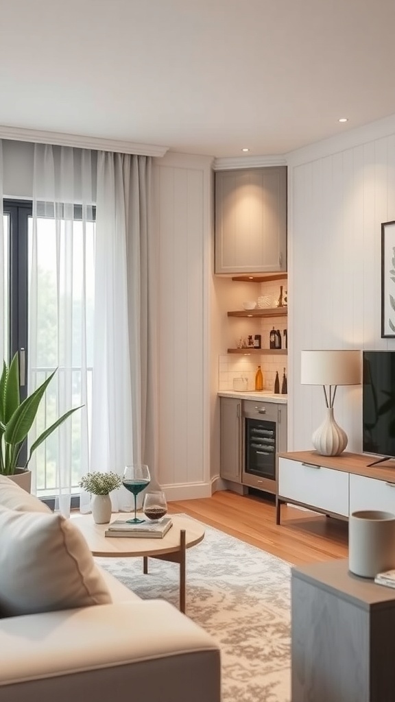 A cozy living room corner featuring a hidden mini bar with shelves and a small fridge.