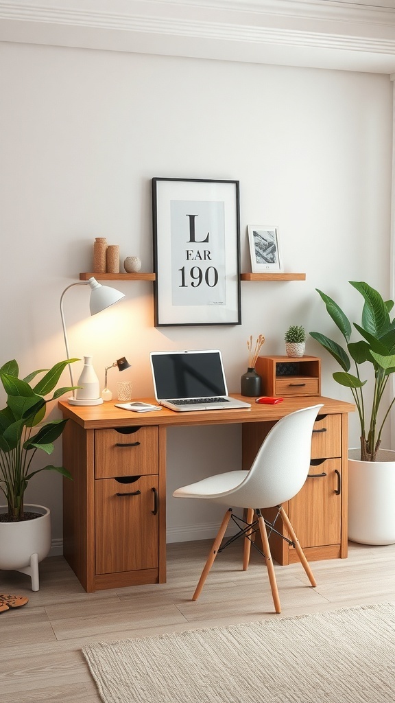 A small desk setup with hidden storage compartments, featuring a wooden desk, laptop, and decorative items on shelves.