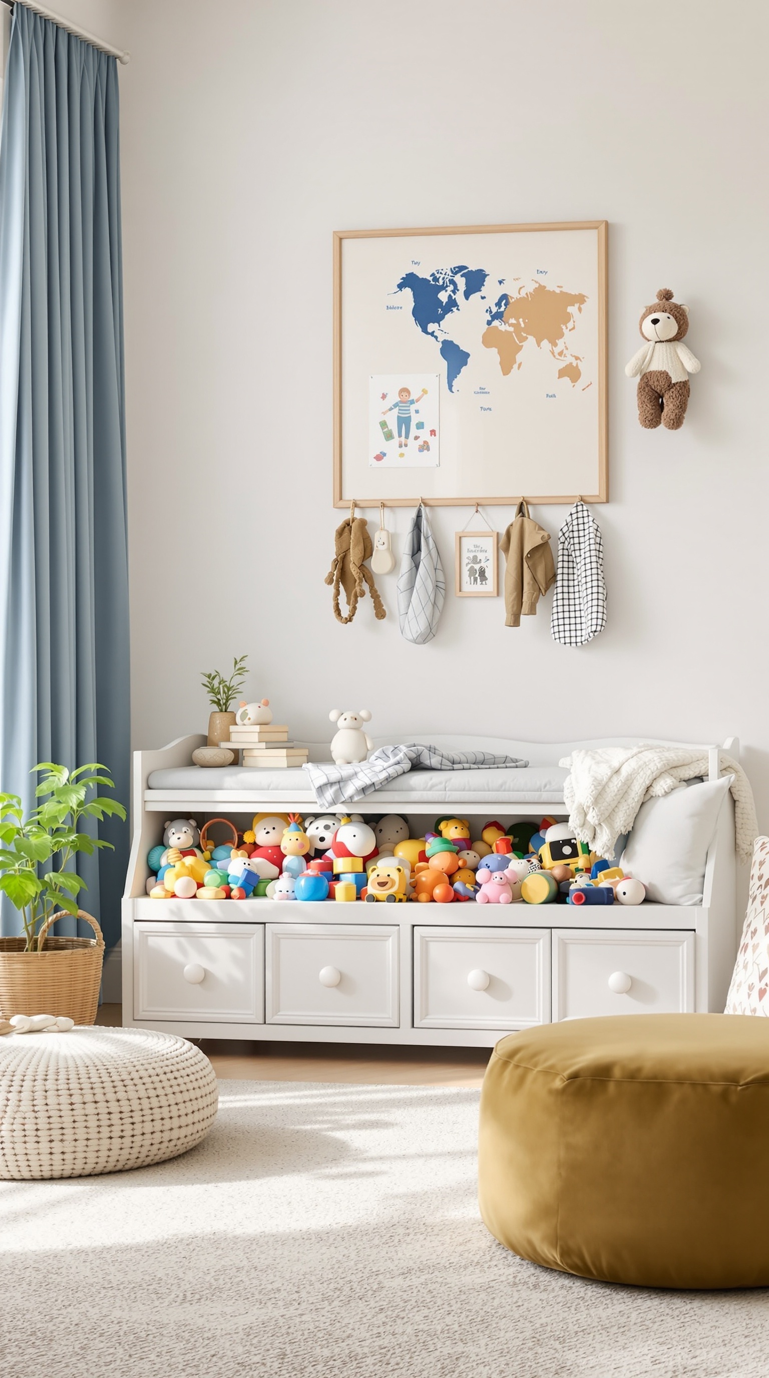 A bright toy room featuring a white storage unit filled with colorful toys, wall art, and plants.