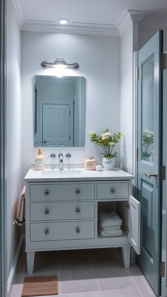 A small bathroom featuring a light blue vanity with hidden storage, a mirror, and decorative elements.