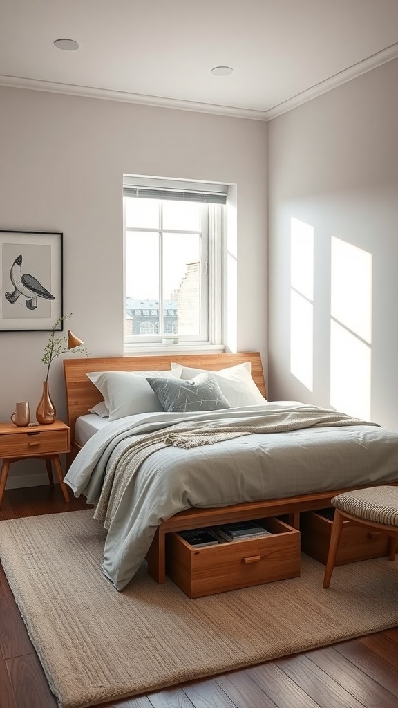 A small bedroom with a bed featuring built-in storage drawers and minimalist decor.