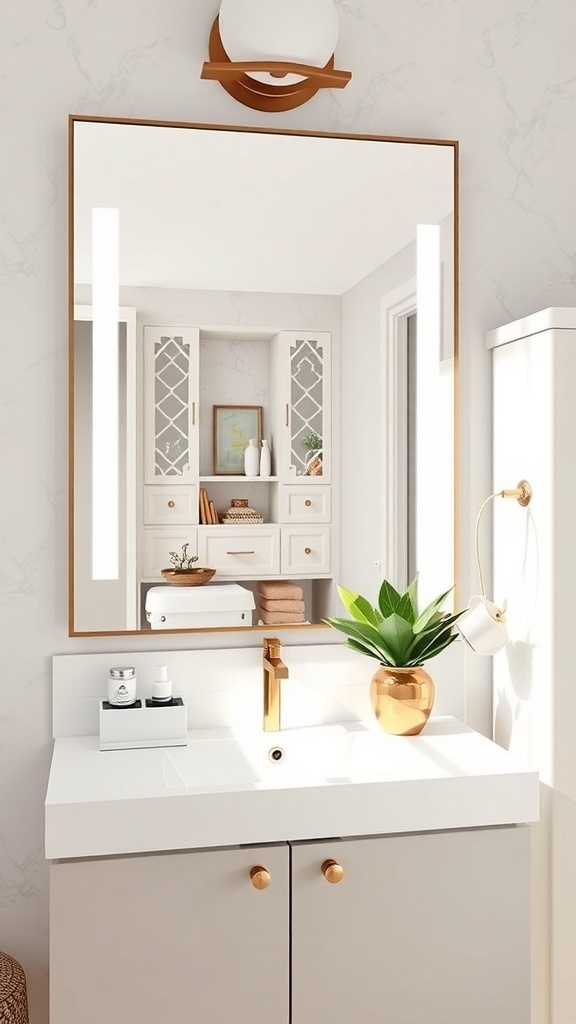 A modern bathroom mirror with built-in storage and lighting.