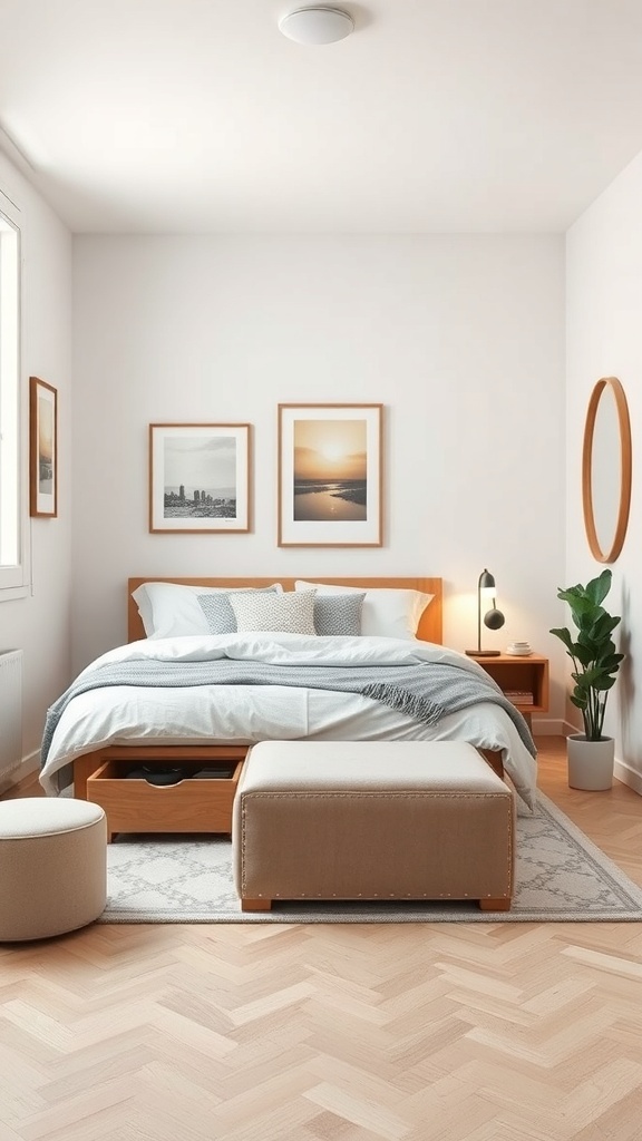 Cozy bedroom in a tiny studio apartment with hidden storage options under the bed and in the ottoman.