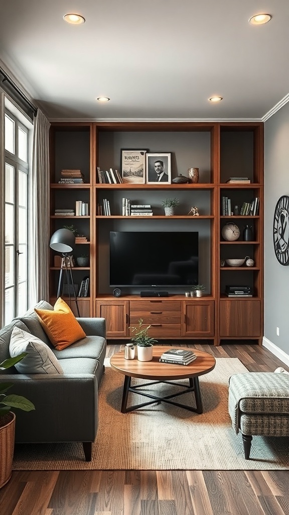 A cozy man cave with built-in shelves, a comfortable sofa, and a coffee table, showcasing hidden storage solutions.