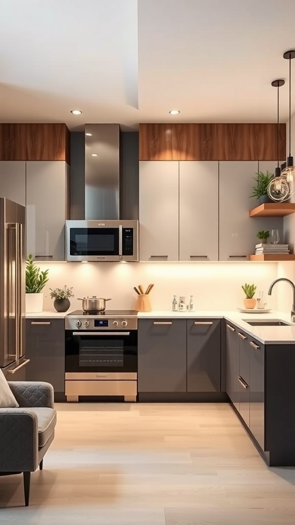 A modern kitchen featuring high-end appliances, including a stainless steel oven and microwave, sleek cabinetry, and stylish decor.