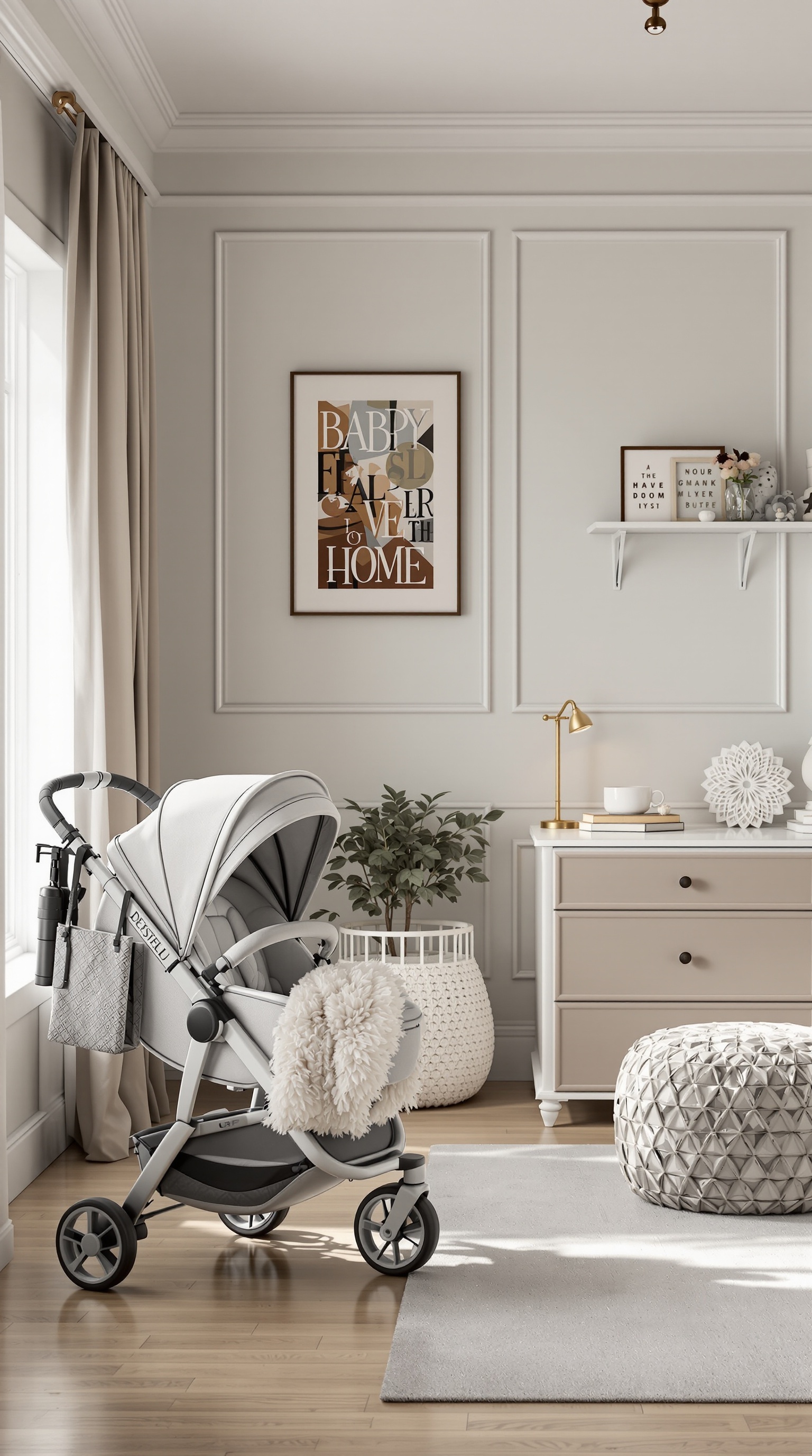 Stylish baby room featuring a modern stroller, decorative items, and elegant decor.