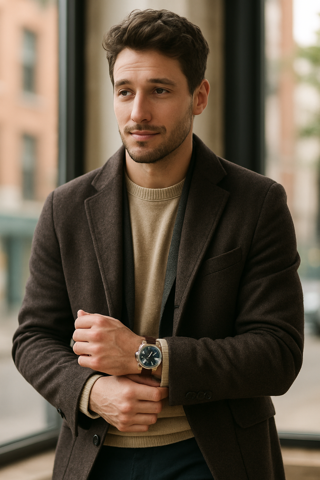 A stylish man wearing a luxury watch while posing inside a stylish setting.