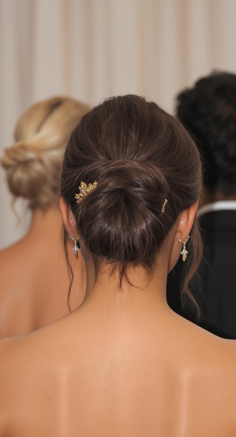 A high bun hairstyle adorned with decorative hairpins, viewed from the back.