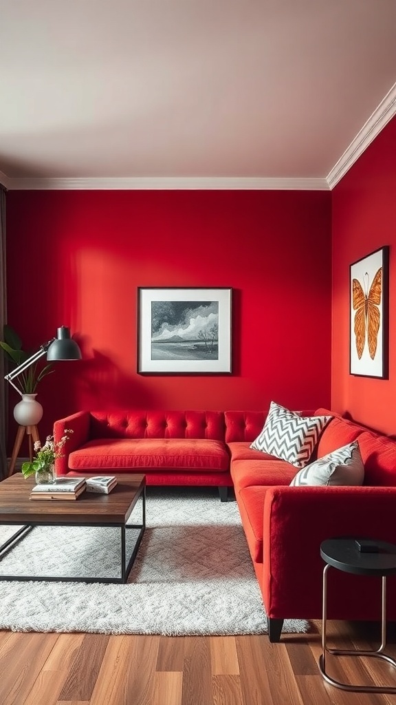 Living room featuring a red couch against a red accent wall, with a white rug and artwork.