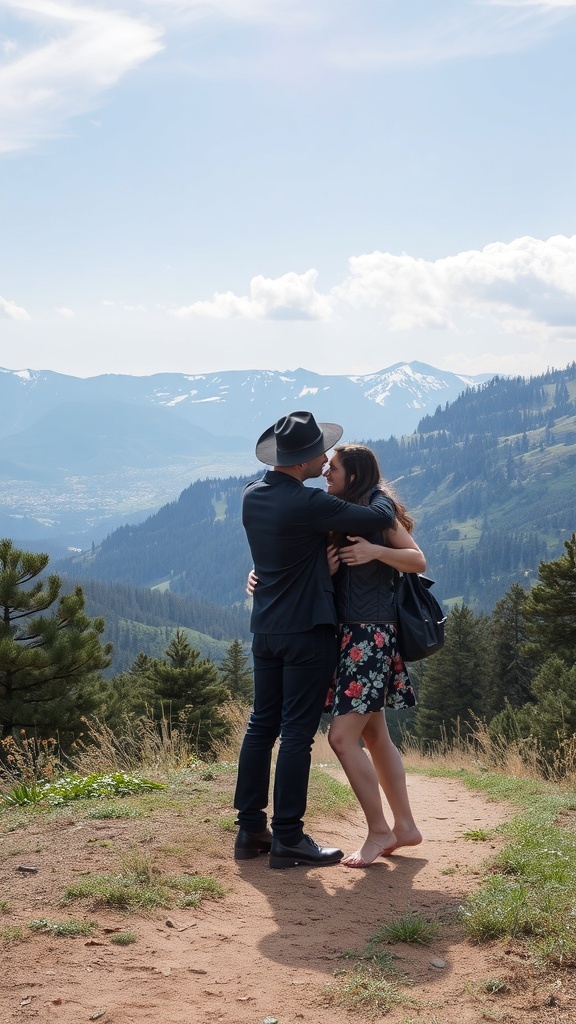 A couple embracing on a mountain trail with a scenic view in the background.