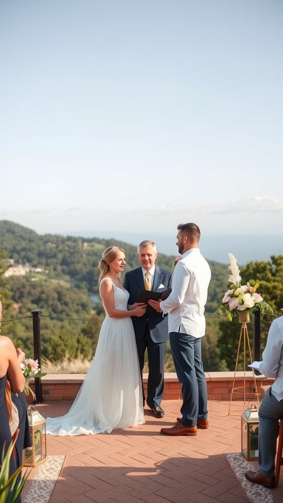 Couple exchanging vows with their officiant at an outdoor wedding ceremony, surrounded by a scenic view.