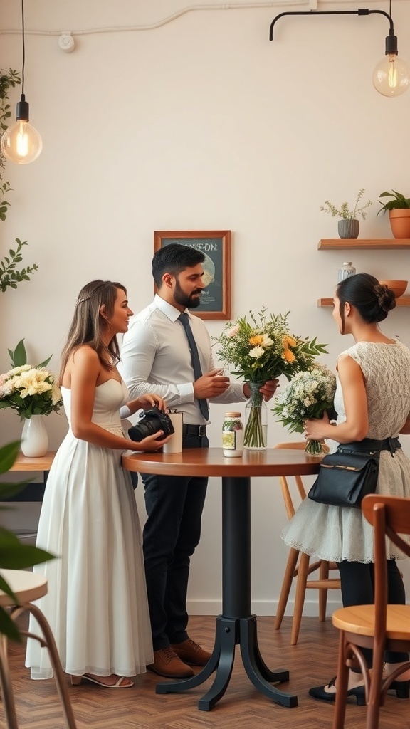 A couple discussing wedding flowers and arrangements with a florist in a cozy setting.
