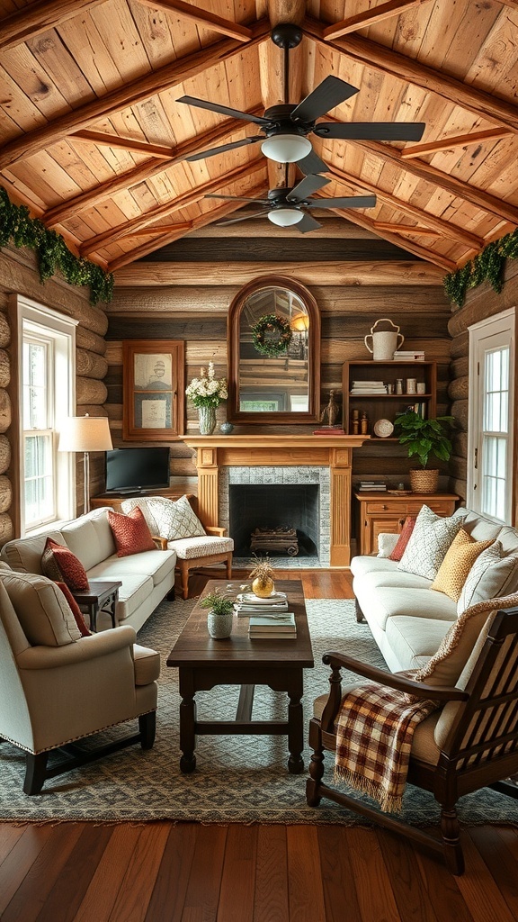 Cozy cabin interior with wooden beams, comfortable seating, and a fireplace.