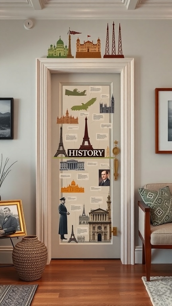A decorated door featuring historical landmarks and figures, showcasing a theme of history.