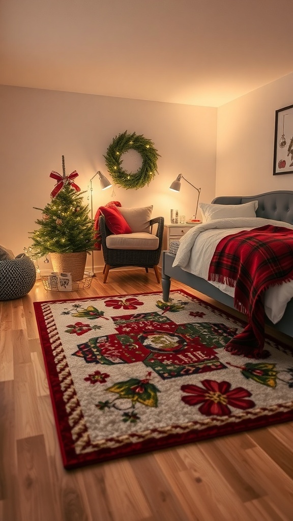 A cozy bedroom decorated for Christmas featuring a festive area rug, a small Christmas tree, and warm lighting.