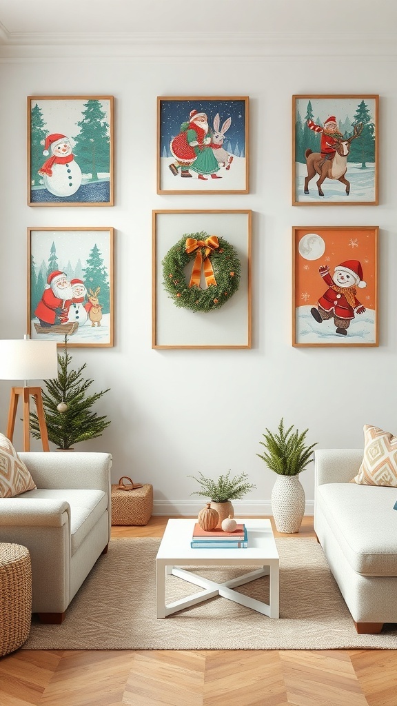 A wall decorated with holiday-themed artwork featuring Santa, snowmen, and a wreath, creating a festive atmosphere in a cozy bedroom.