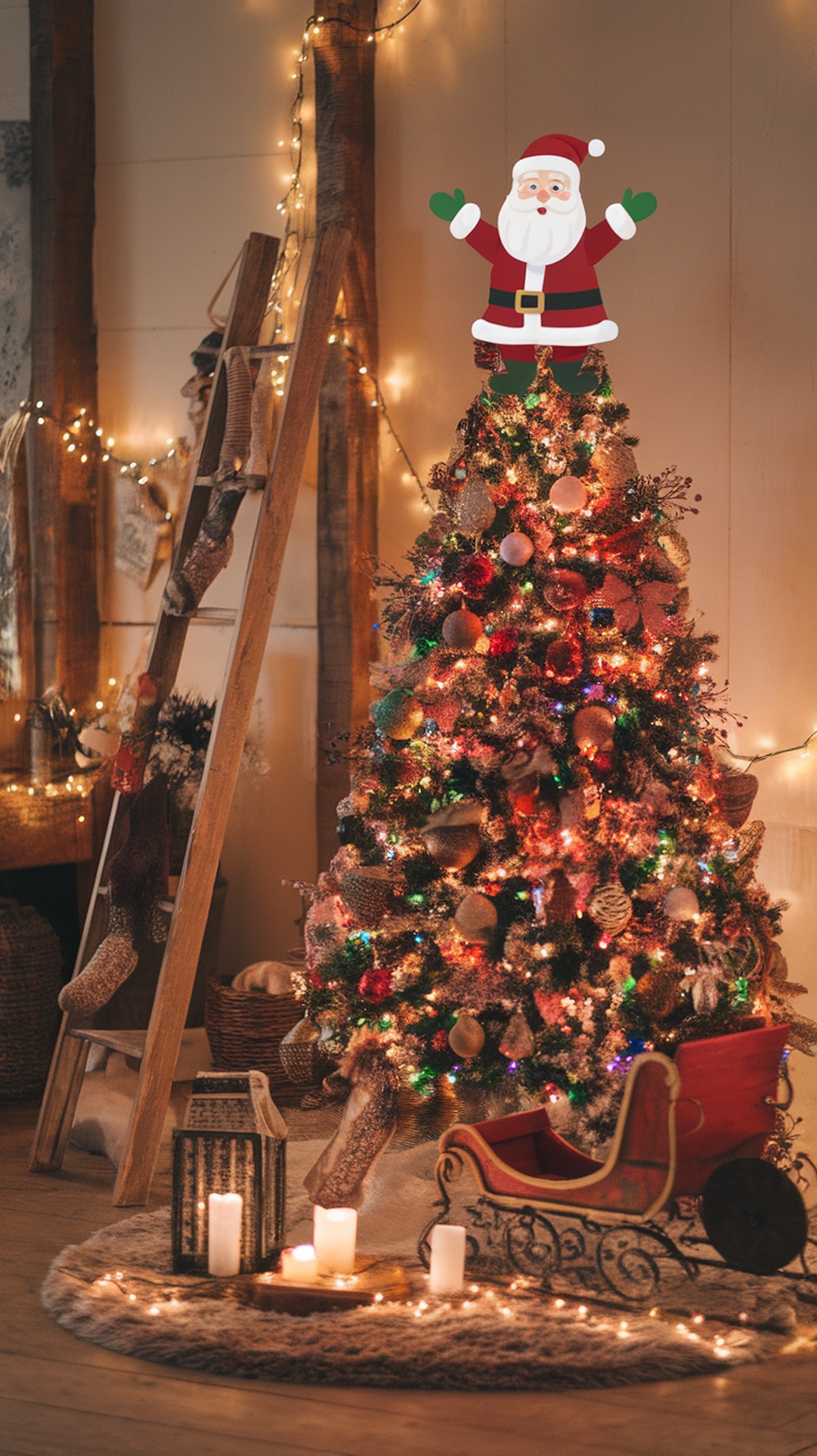 A Christmas tree topped with a cheerful Santa Claus figure, surrounded by colorful ornaments and lights.