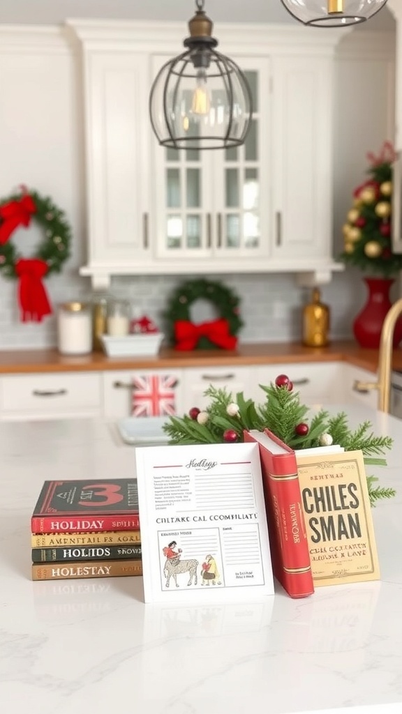 A kitchen island decorated with holiday-themed cookbooks and a recipe card, surrounded by festive greenery.