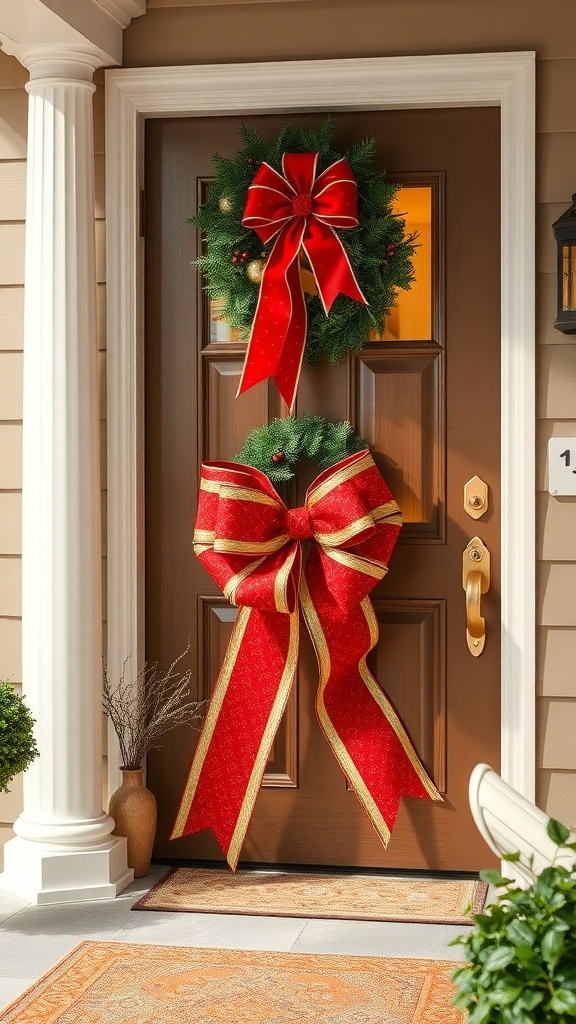 A front door decorated with a green wreath and a large red bow with gold accents, creating a festive holiday look.