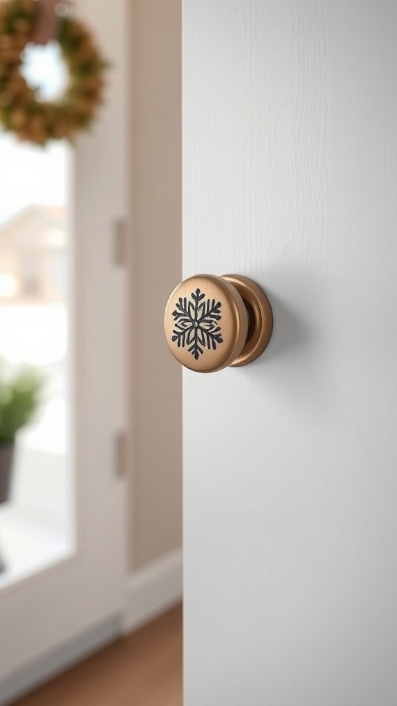 A close-up of a door knob with a snowflake design, set against a white door.