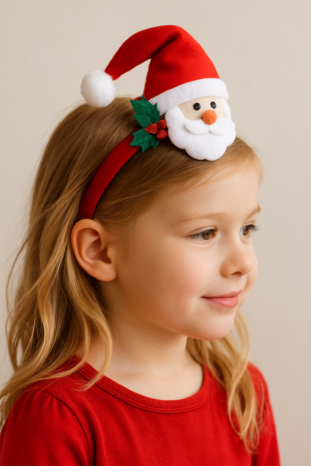 A young girl wearing a red headband with a Santa Claus design, featuring a fluffy beard and holly leaves.