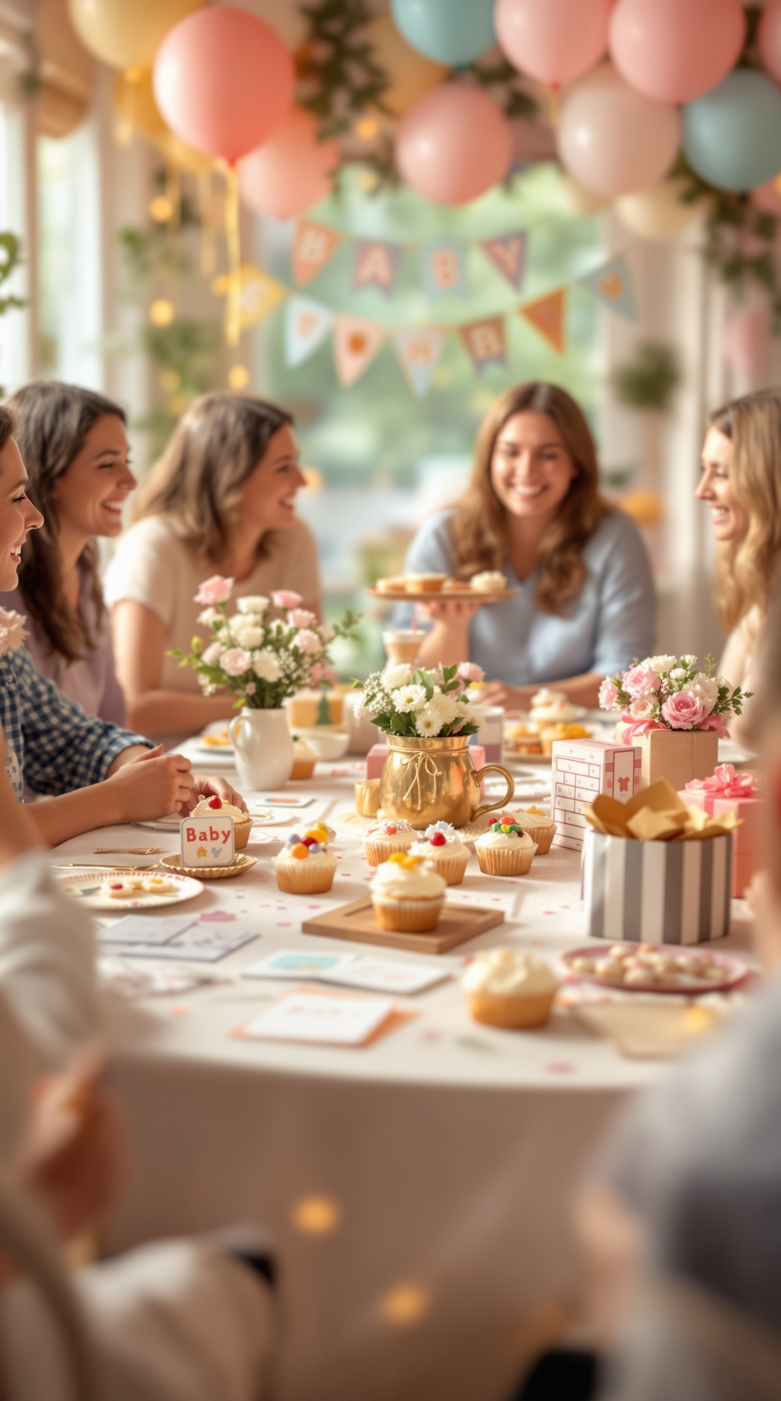 A joyful gathering of women at a baby shower with festive decorations and treats.
