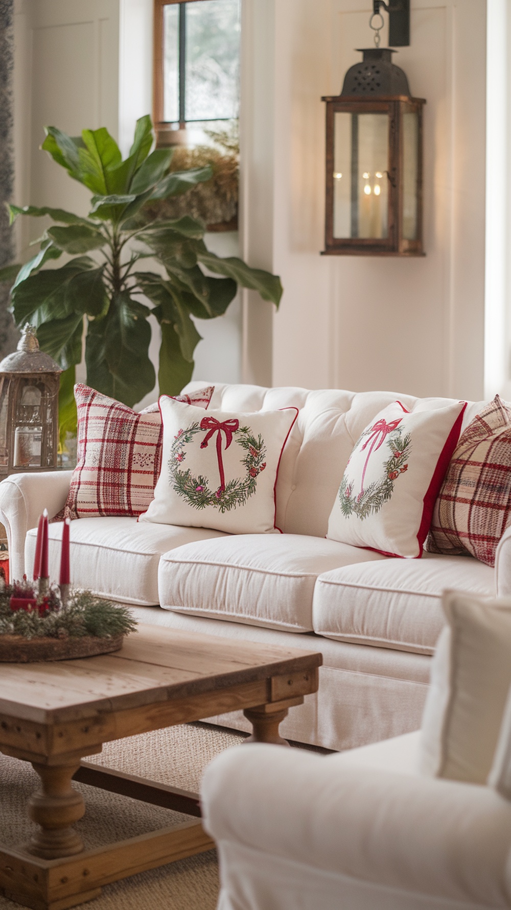 A cozy living room with a white couch decorated with holiday-themed pillow covers featuring wreath designs and a plaid pillow.