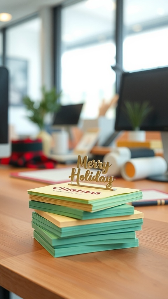 Colorful stack of holiday-themed Post-It notes with a 'Merry Holiday' sign on top.