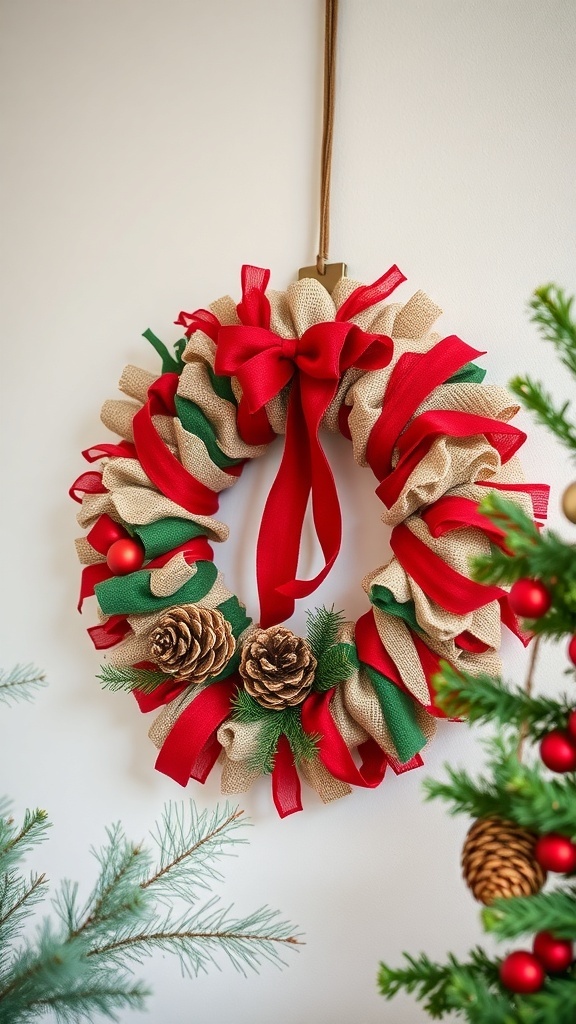 A holiday-themed rag wreath made with burlap, red and green ribbons, and pine cones.