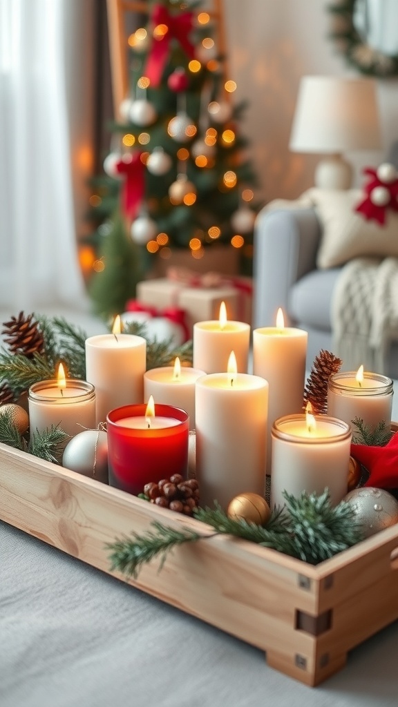 A wooden tray with various scented candles, pinecones, and ornaments, set in a cozy holiday living room.