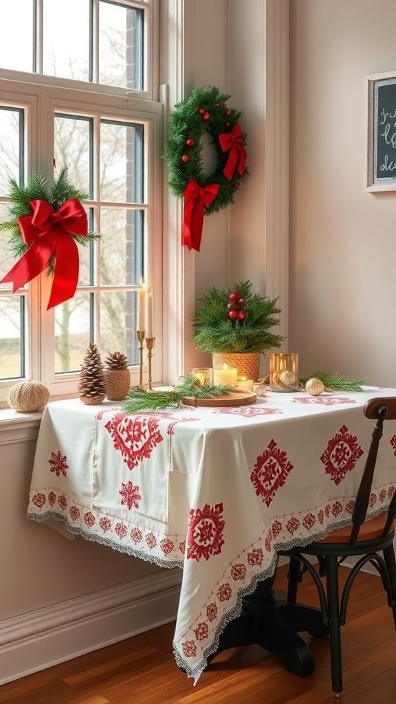 A holiday-themed table with a red and white patterned tablecloth, decorated with candles, pinecones, and greenery.