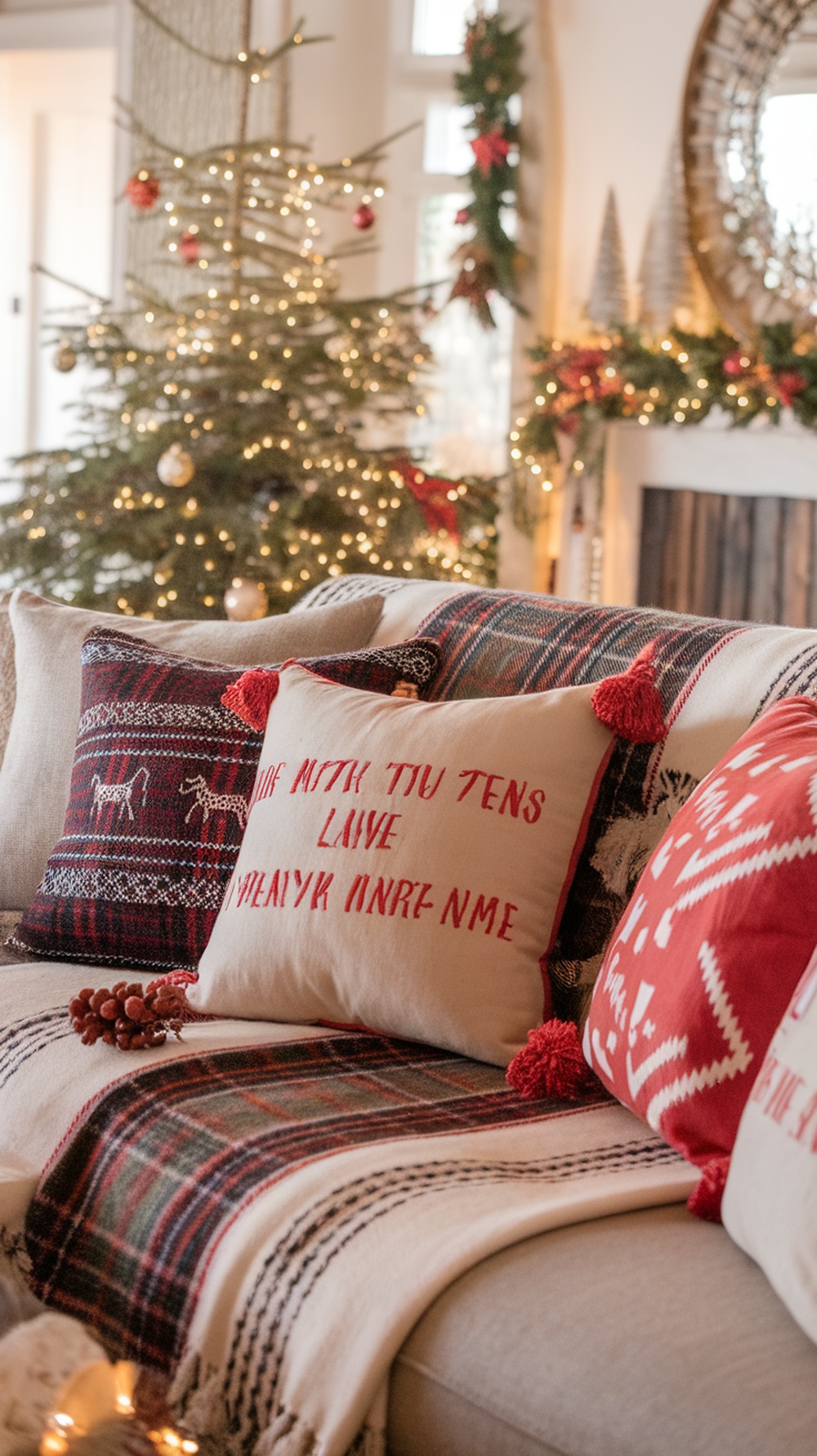 Cozy holiday-themed throw pillows and blankets on a couch with a Christmas tree in the background.
