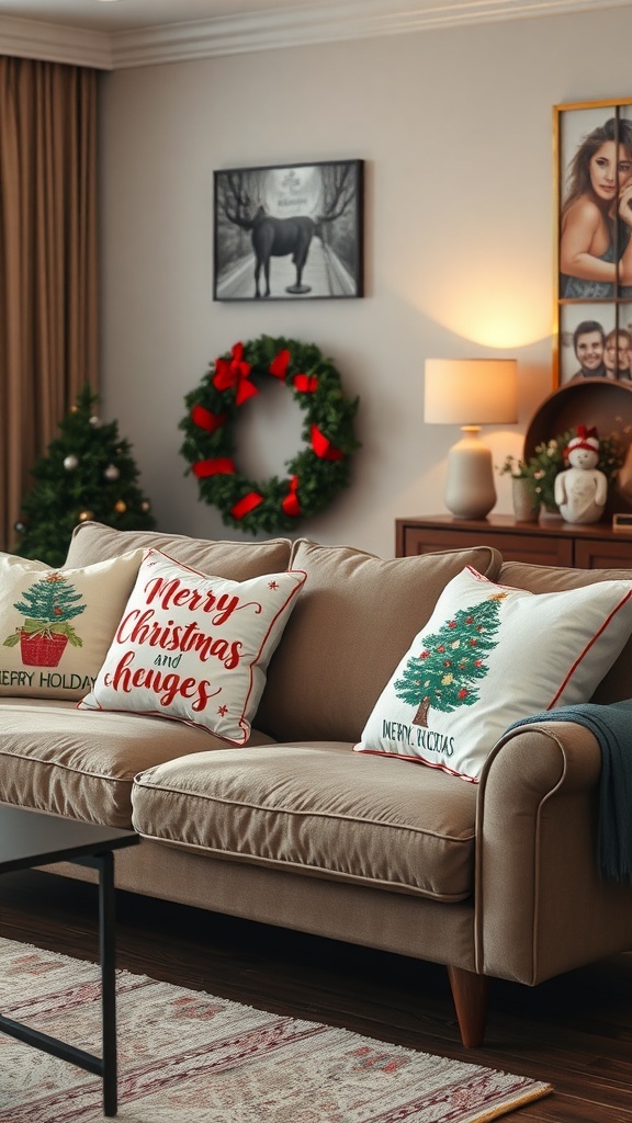 A cozy living room decorated for Christmas with holiday-themed throw pillows on a sofa.
