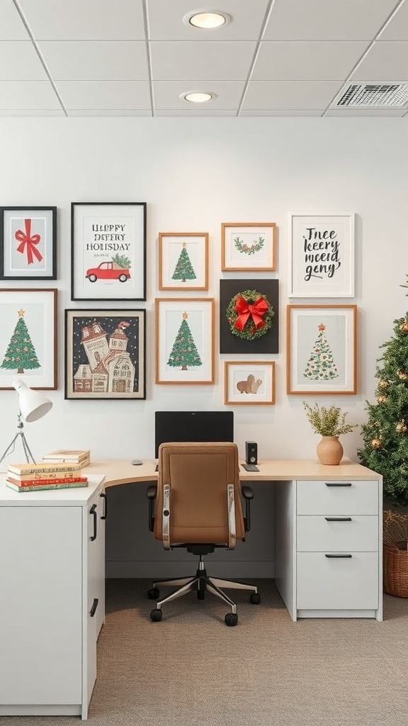 A festive cubicle decorated with holiday-themed wall art, including Christmas trees, a wreath, and cheerful messages.