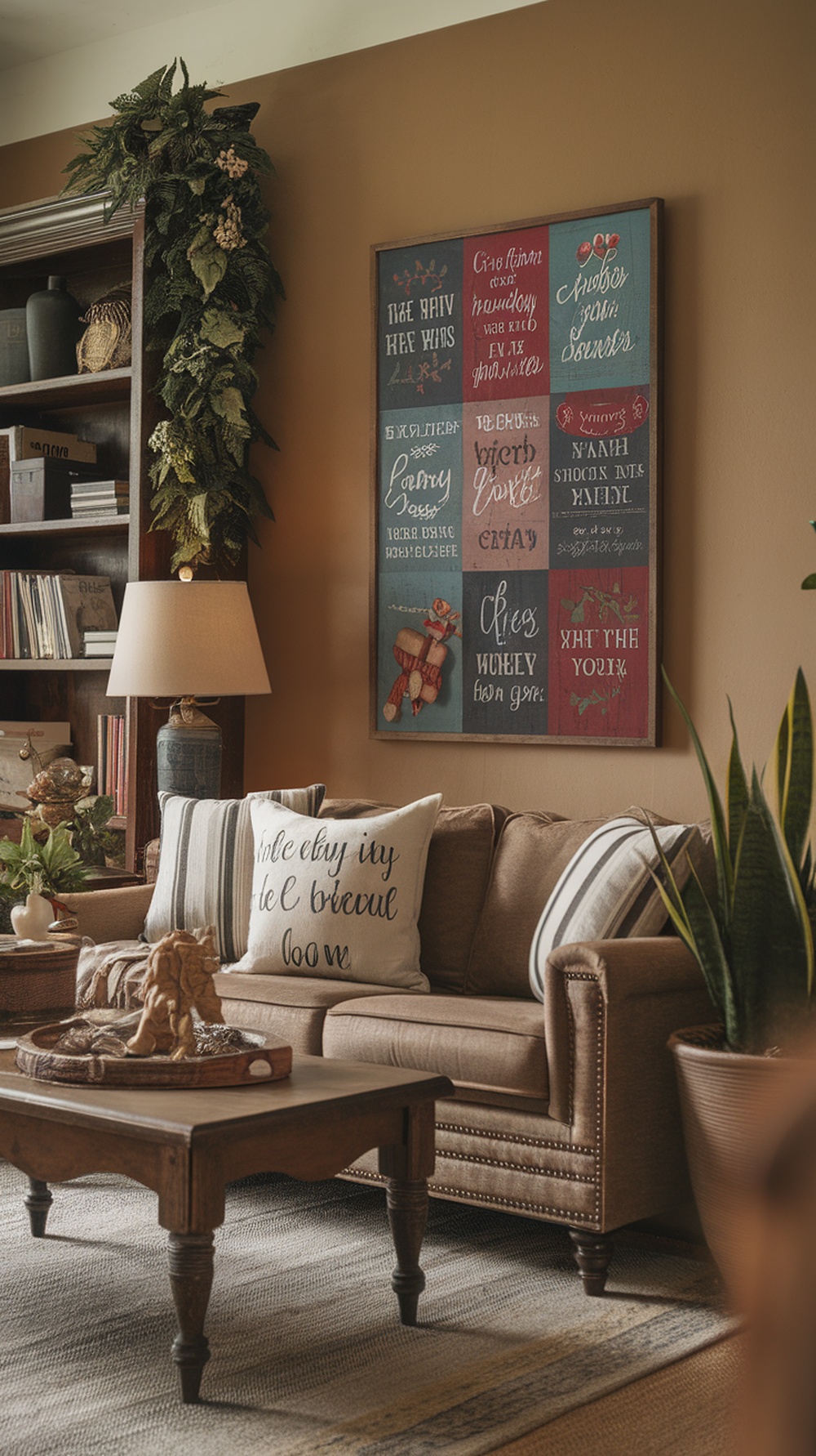 Cozy living room with holiday-themed wall art and comfortable furniture