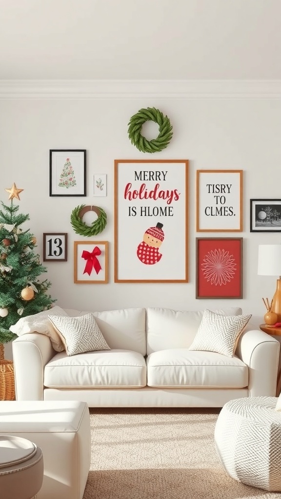 A cozy living room with holiday-themed wall art, including framed signs and a small Christmas tree.