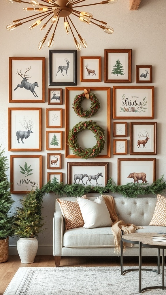 A cozy wall decorated with holiday-themed art, including framed wildlife illustrations and a wreath.