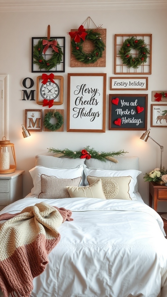 A beautifully decorated bedroom wall featuring holiday-themed wall hangings, including wreaths and festive signs.