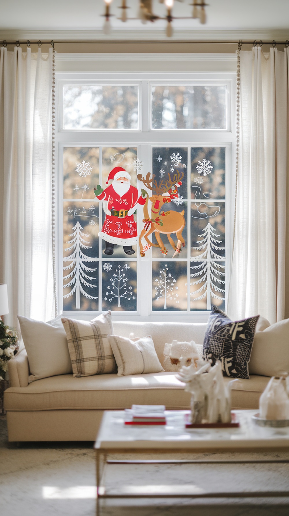 A cozy living room with a window decorated with holiday-themed clings featuring Santa Claus and a reindeer.